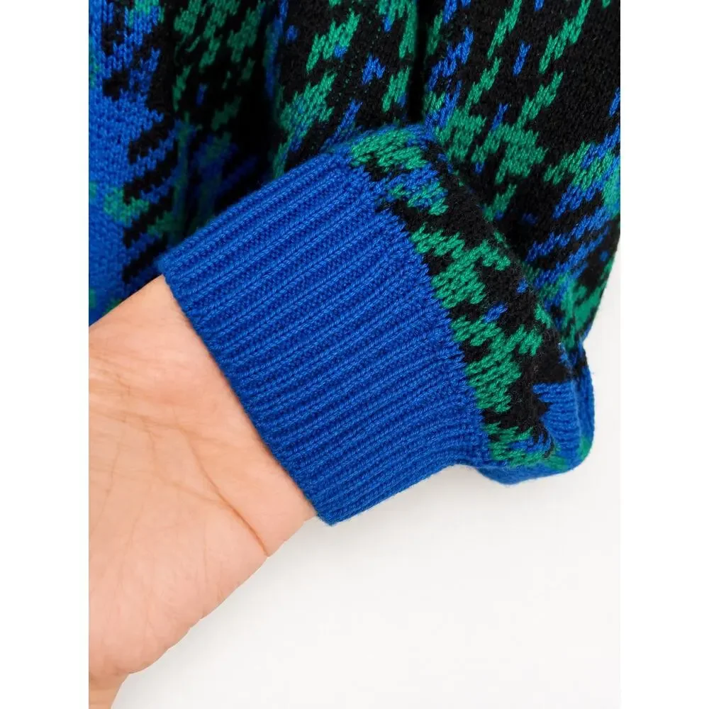 Vintage King’s Court Blue Green Plaid V Neck Knit Sweater Men’s L